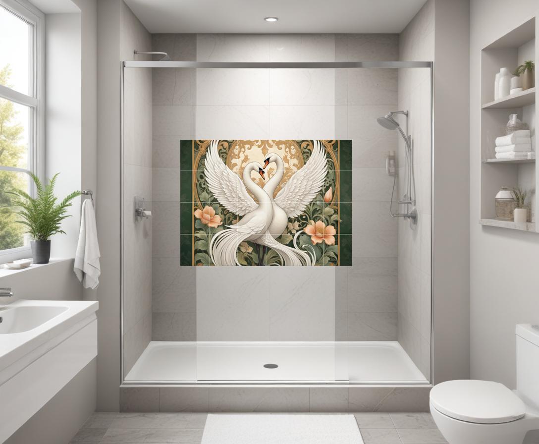Art Nouveau Swan Bird Tile Mural – Floral Ceramic Kitchen Backsplash Elegant Bathroom Decor
