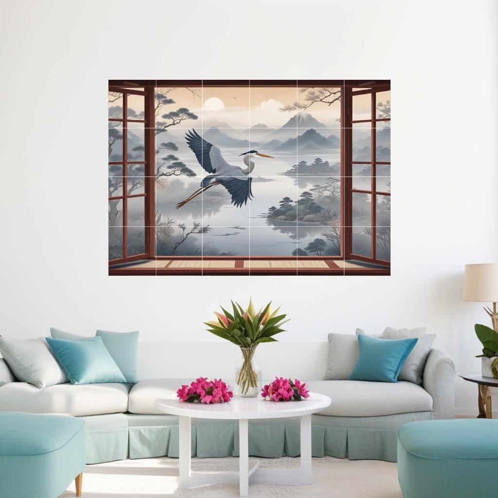 Heron Bird Tile Mural – Japanese Oriental Landscape Window View, Misty Mountain Lake Sunset Art