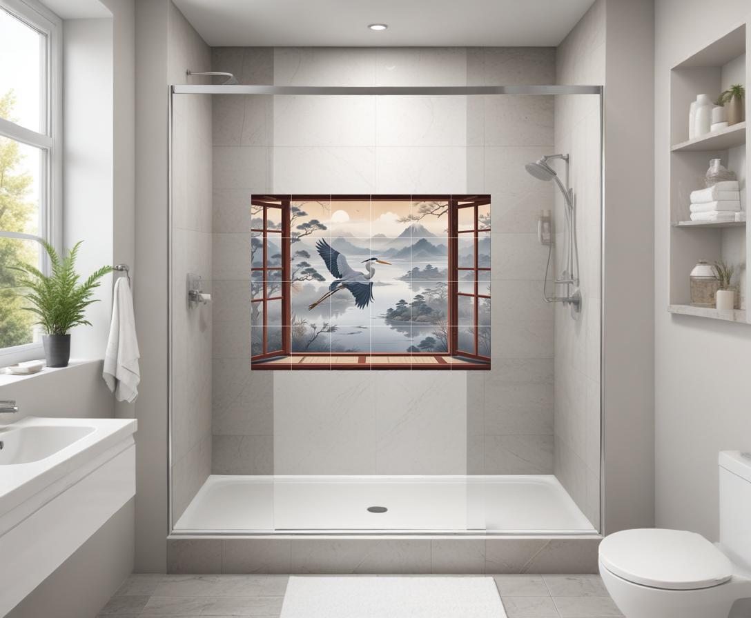 Heron Bird Tile Mural – Japanese Oriental Landscape Window View, Misty Mountain Lake Sunset Art