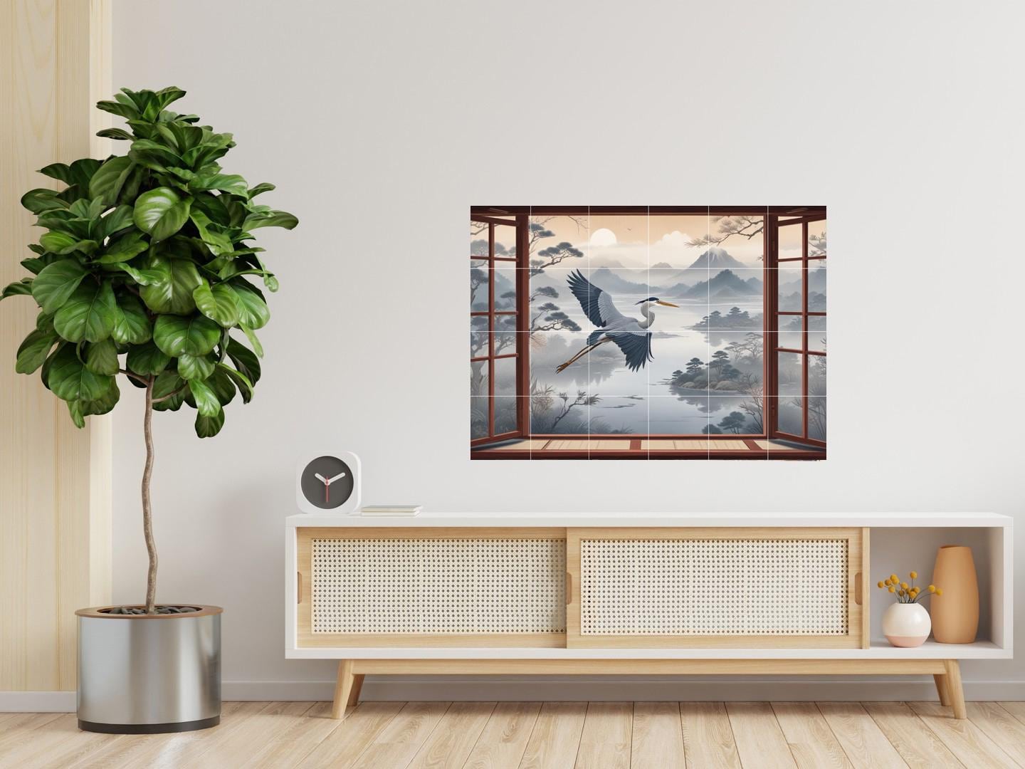 Heron Bird Tile Mural – Japanese Oriental Landscape Window View, Misty Mountain Lake Sunset Art