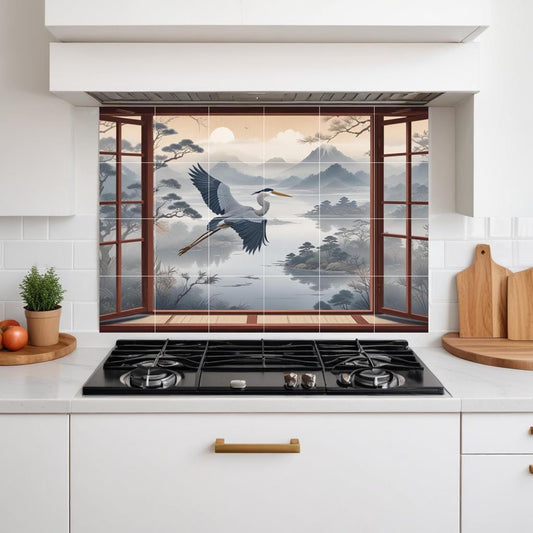 Heron Bird Tile Mural – Japanese Oriental Landscape Window View, Misty Mountain Lake Sunset Art