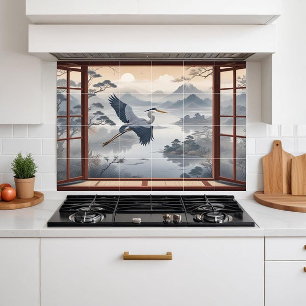 Heron Bird Tile Mural – Japanese Oriental Landscape Window View, Misty Mountain Lake Sunset Art
