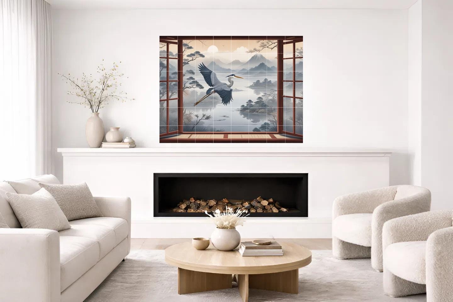 Heron Bird Tile Mural – Japanese Oriental Landscape Window View, Misty Mountain Lake Sunset Art