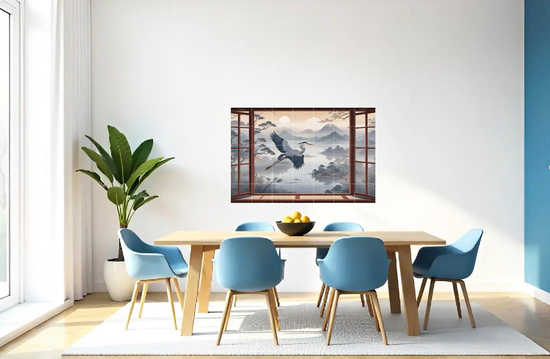 Heron Bird Tile Mural – Japanese Oriental Landscape Window View, Misty Mountain Lake Sunset Art