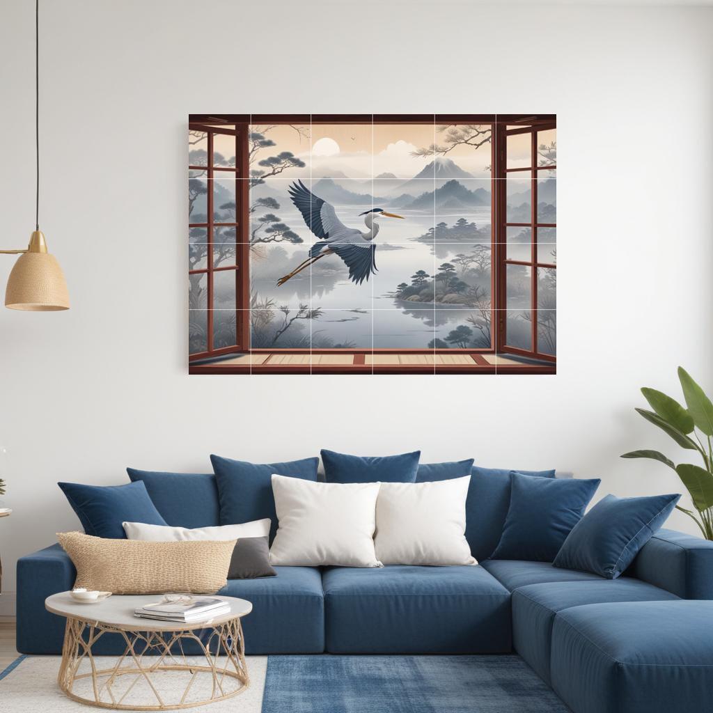 Heron Bird Tile Mural – Japanese Oriental Landscape Window View, Misty Mountain Lake Sunset Art