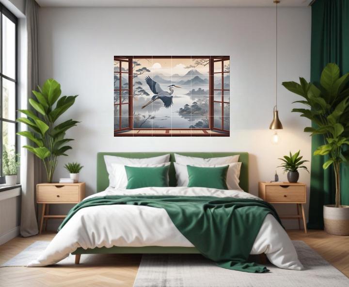 Heron Bird Tile Mural – Japanese Oriental Landscape Window View, Misty Mountain Lake Sunset Art