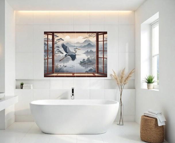 Heron Bird Tile Mural – Japanese Oriental Landscape Window View, Misty Mountain Lake Sunset Art