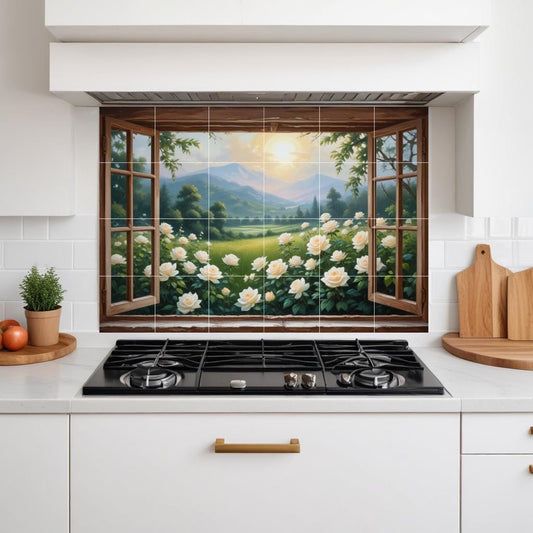 Botanical Window Tile Mural, Flower Garden Rose Wall Art, Floral Bathroom Kitchen Decor
