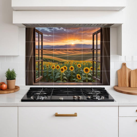 Window View Tile Mural – Sunflower Field Sunset Landscape Ceramic Countryside Wall Art