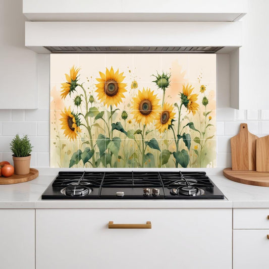 Watercolor Sunflower Tile Mural, Vibrant Floral Kitchen Backsplash, Botanical Wall Art