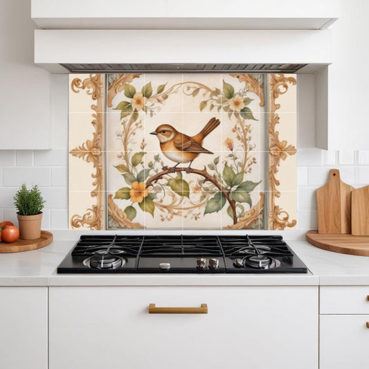 Art Nouveau Botanical Bird Tile Mural – Floral Wall Art for Bathroom Kitchen Decor