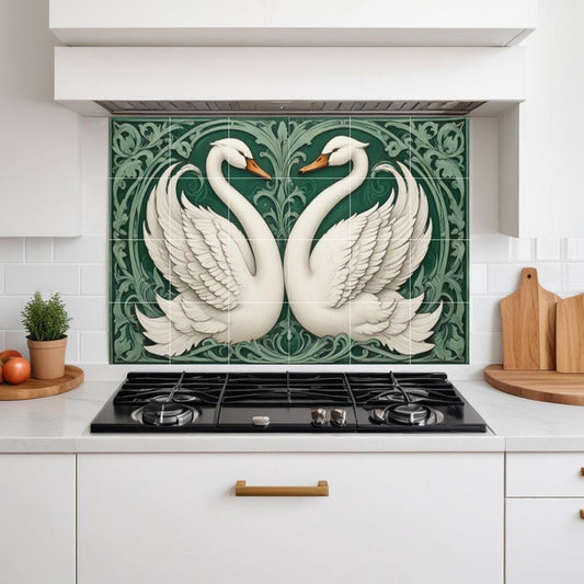 Art Nouveau Swan Tile Mural, Bird Wall Art for Ceramic Kitchen Backsplash Bathroom Decor