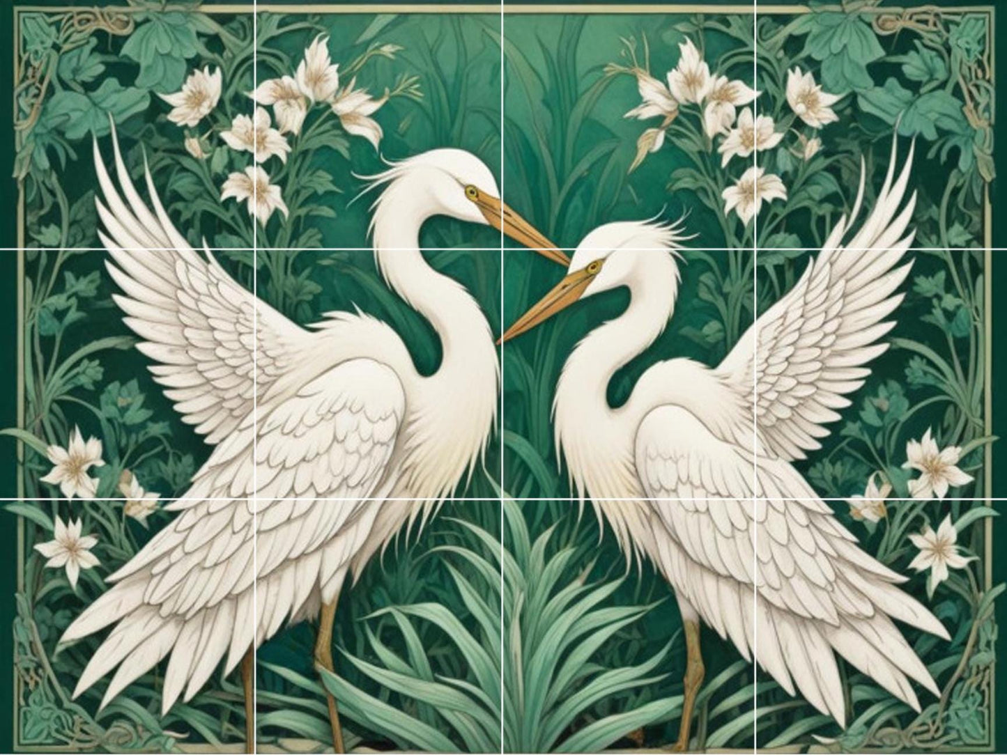 Botanical Heron Tile Mural – Green Art Nouveau Bird Wall Art for Bathroom Kitchen Decor