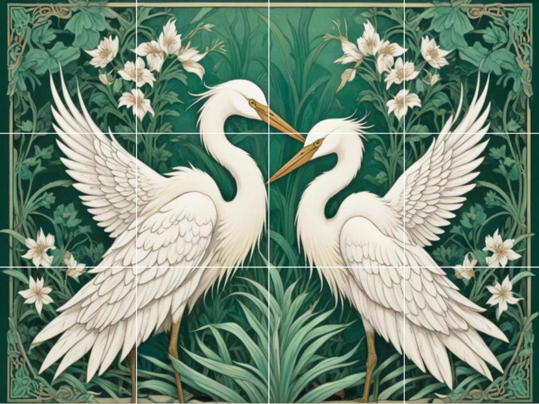 Botanical Heron Tile Mural – Green Art Nouveau Bird Wall Art for Bathroom Kitchen Decor