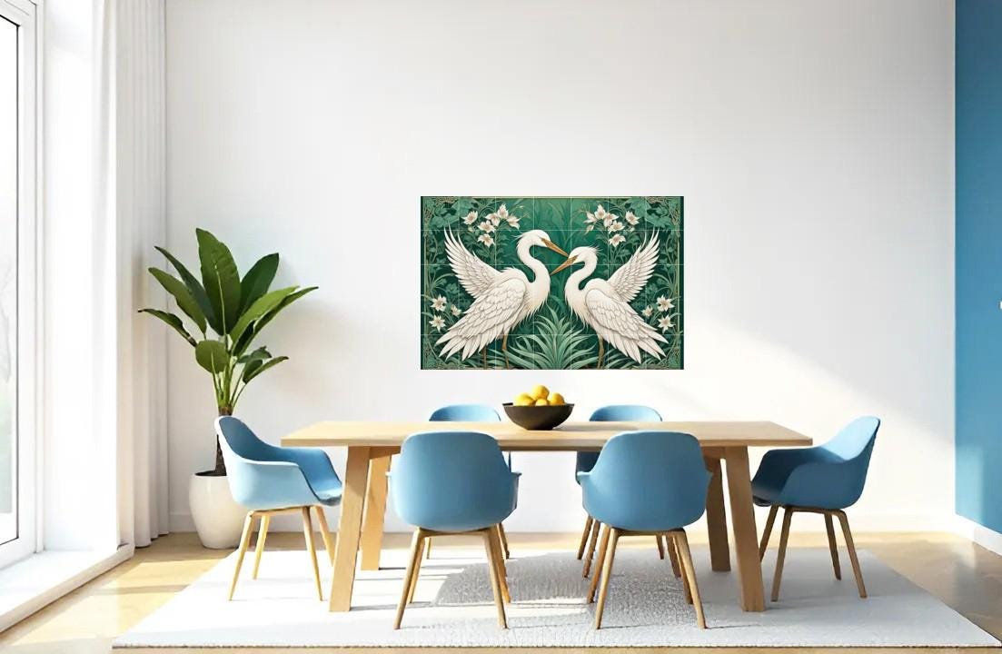 Botanical Heron Tile Mural – Green Art Nouveau Bird Wall Art for Bathroom Kitchen Decor