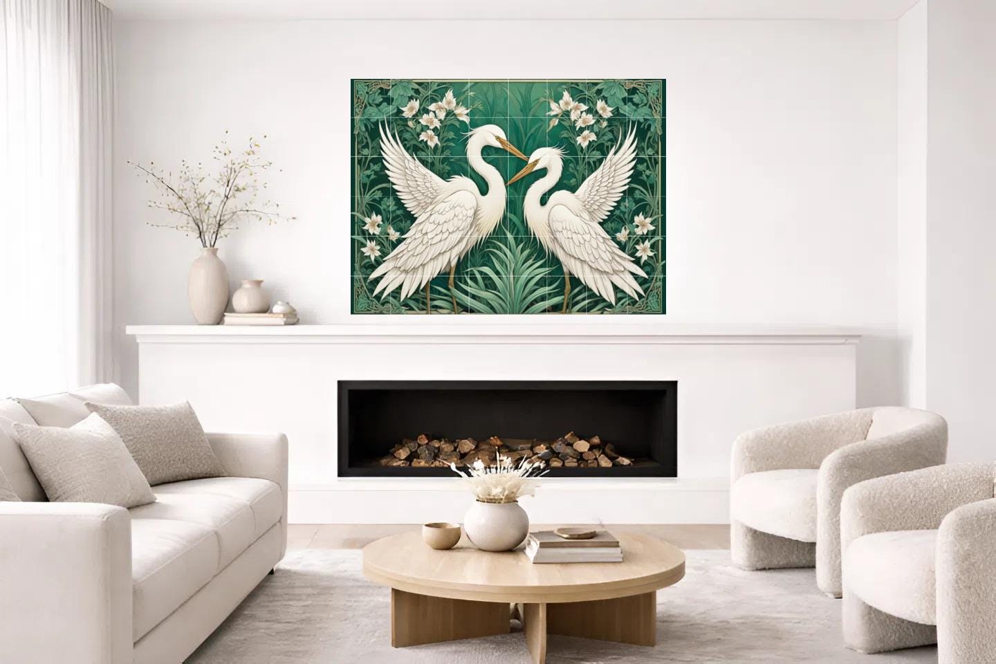 Botanical Heron Tile Mural – Green Art Nouveau Bird Wall Art for Bathroom Kitchen Decor