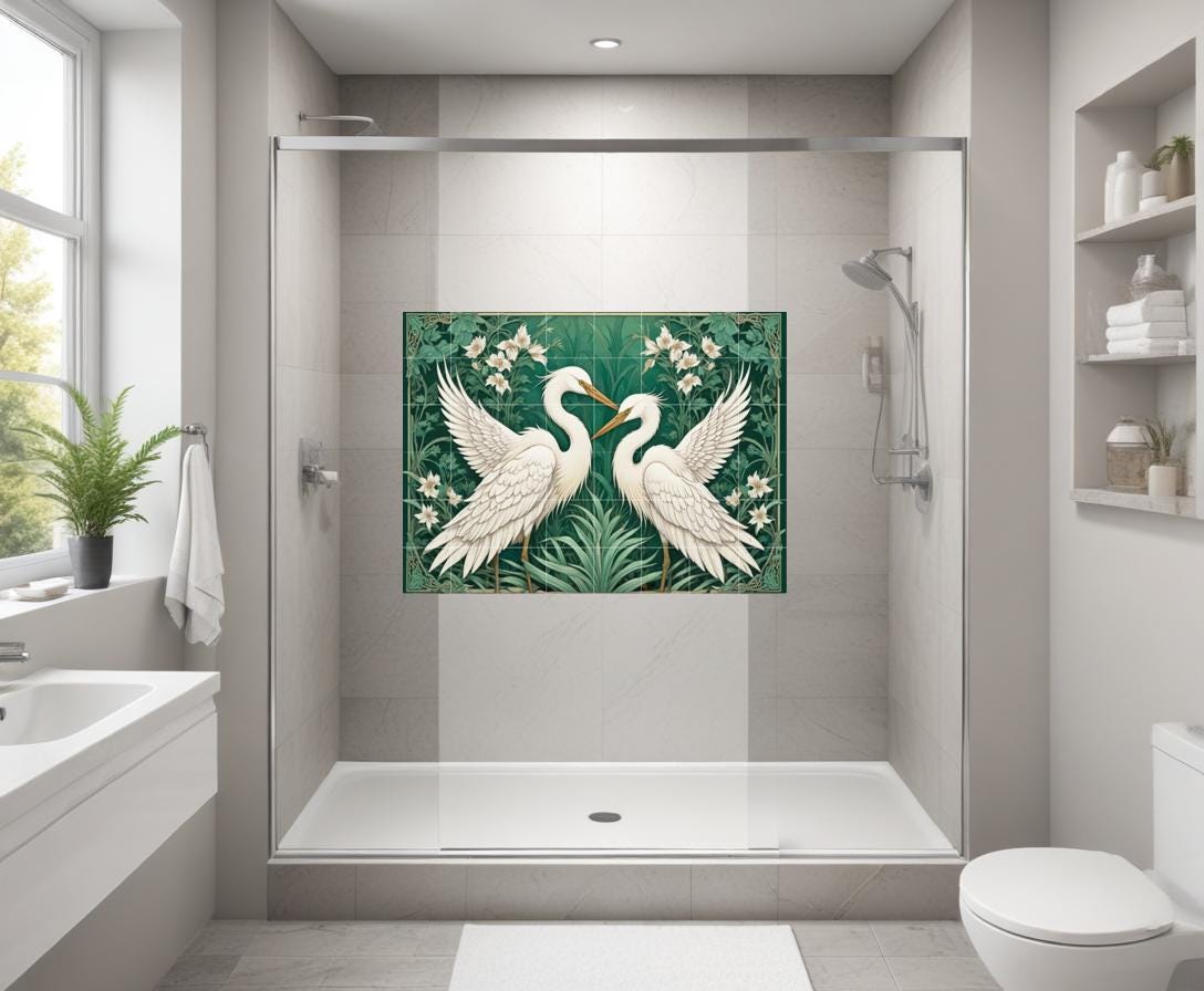Botanical Heron Tile Mural – Green Art Nouveau Bird Wall Art for Bathroom Kitchen Decor