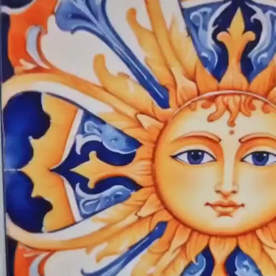 Italian Majolica Sun Tiles - Set of 2 Italian Wall Decor Tiles - Kitchen Backsplash Tiles, Table Decorative Tiles, Bathroom Tiles, Coaster