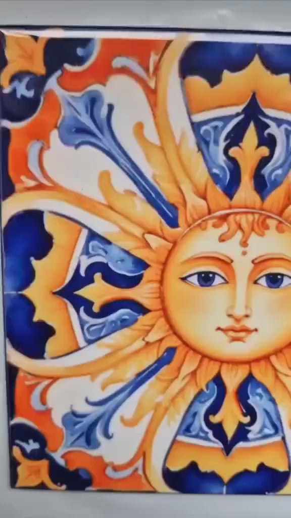 Italian Majolica Sun Tiles - Set of 2 Italian Wall Decor Tiles - Kitchen Backsplash Tiles, Table Decorative Tiles, Bathroom Tiles, Coaster