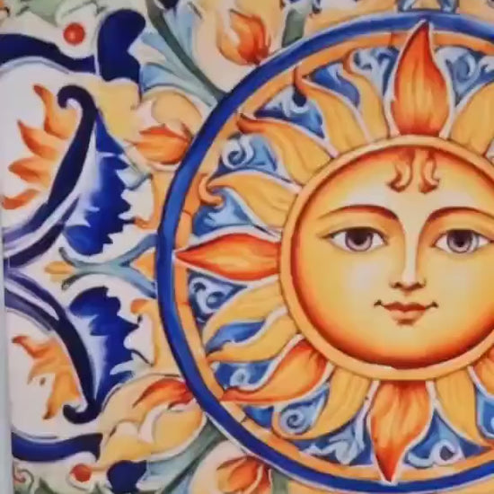 Italian Majolica Sun Tiles - Set of 2 Italian Wall Decor Tiles - Kitchen Backsplash Tiles, Table Decorative Tiles, Bathroom Tiles, Coaster